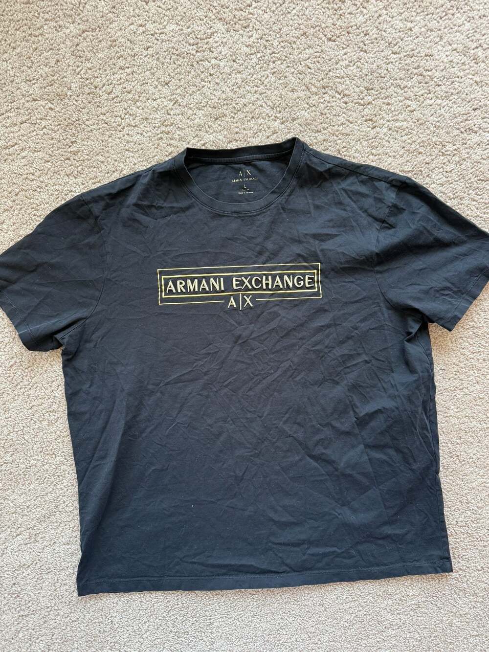 Armani Exchange Men's Black Crew Neck T-Shirt with Embroidered Gold Box Logo